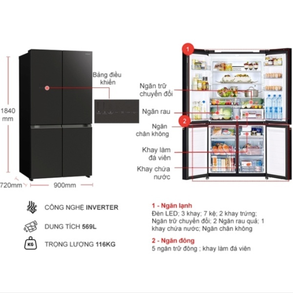 Tủ lạnh Hitachi Inverter side by side 4 cánh 569 lít R-WB640VGV0 (GMG)