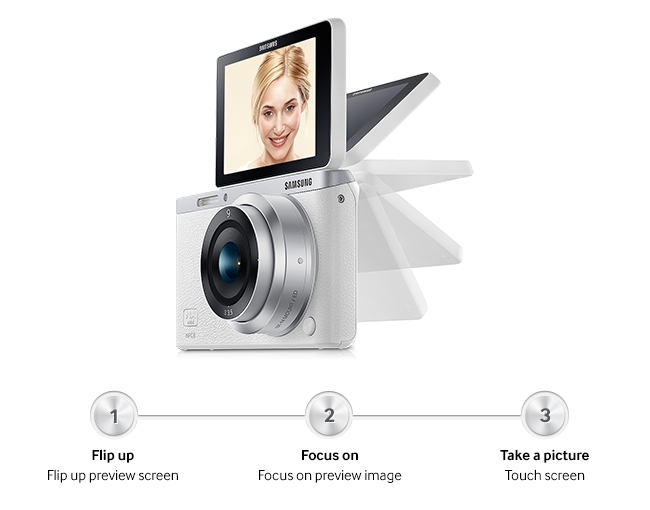 Chỉ với một cái lật nhanh với màn hình cảm ứng 3.0”, máy ảnh KTS Samsung EV-NXF1ZZB1IVN sẽ tự khởi động và sẵn sàng cho bạn tự chụp hoàn hảo