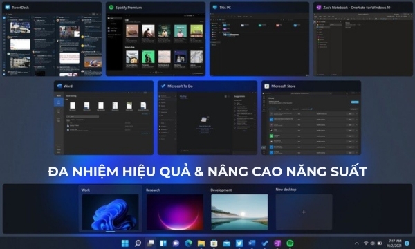 Phần mềm Windows Pro 11 64bit Intl 1pk DVD (FQC-10528) Đa nhiệm & nâng cao năng suất với Snap Assist & Chế độ xem Tác vụ