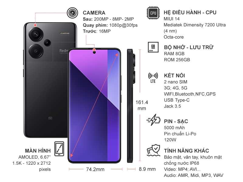 Điện thoại Xiaomi Redmi Note 13 Pro+ 5G 8GB/256GB Đen