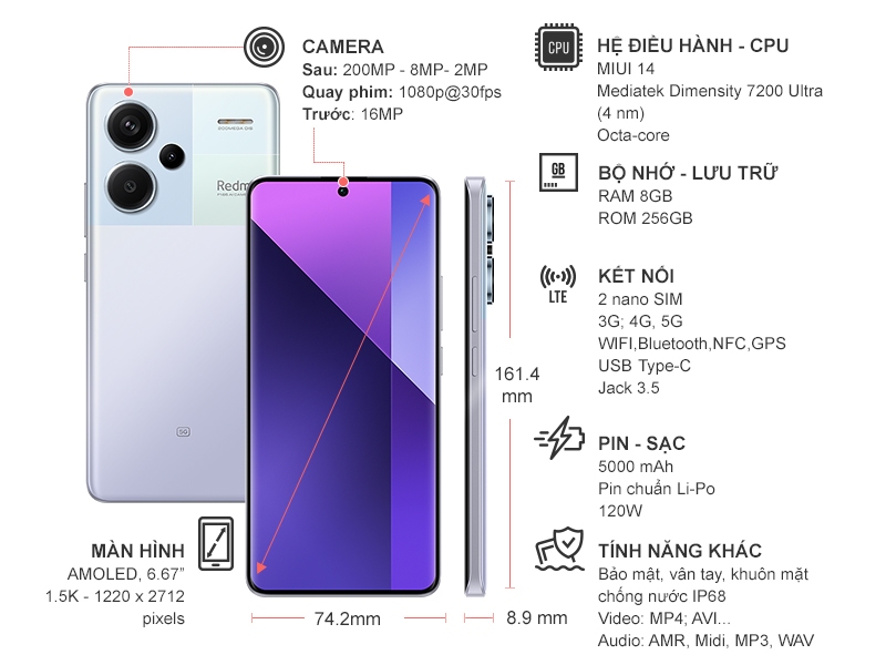 Điện thoại Xiaomi Redmi Note 13 Pro+ 5G 8GB/256GB Tím