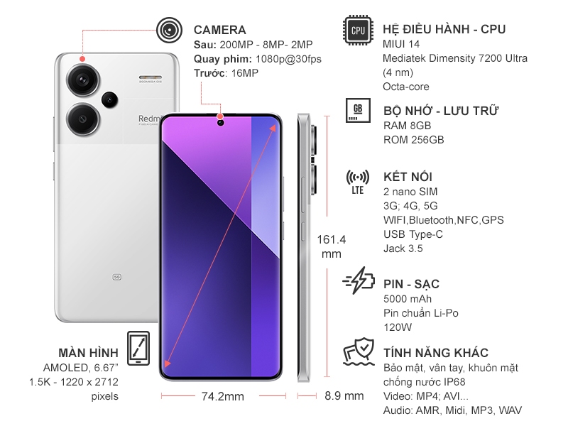 Điện thoại Xiaomi Redmi Note 13 Pro+ 5G 8GB/256GB Trắng