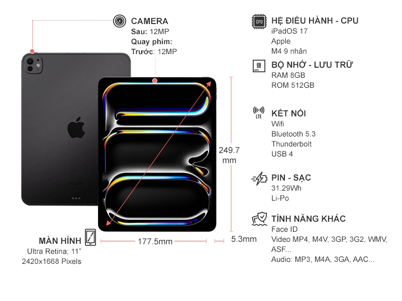 Máy tính bảng iPad Pro M4 11 inch Wifi 512GB MVVC3ZA/A Đen