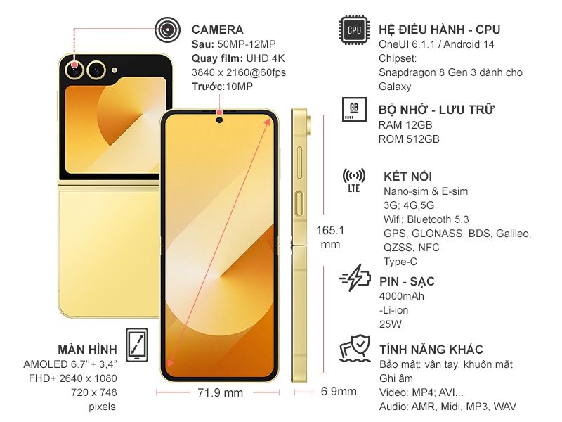 Điện thoại Samsung Galaxy Z Flip 6 5G 512GB Vàng