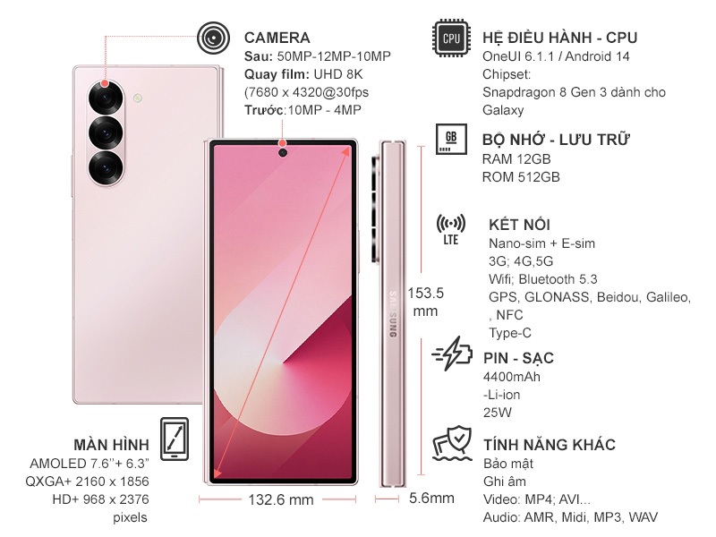 Điện thoại Samsung Galaxy Z Fold 6 5G 512GB Hồng
