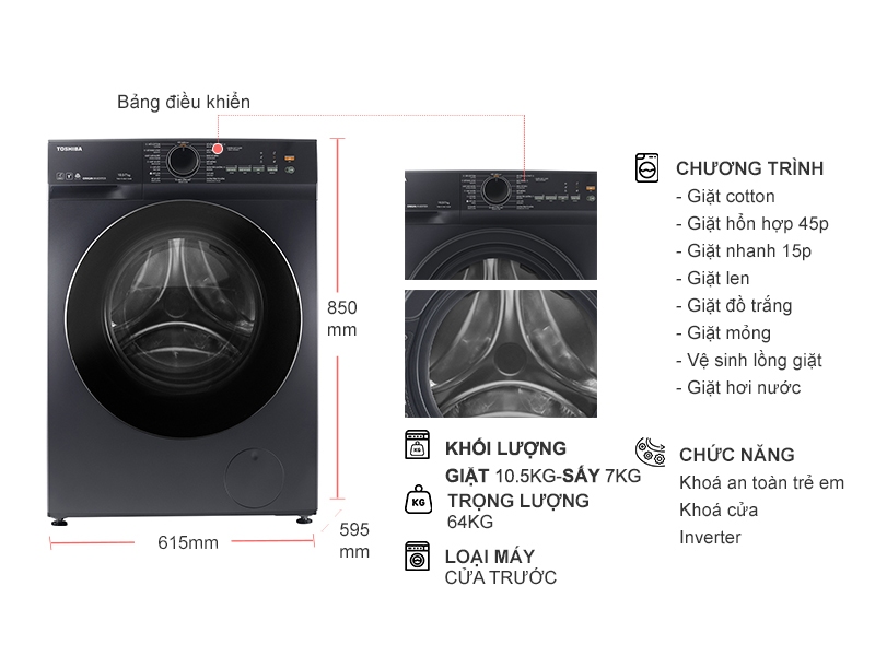 Máy giặt sấy Toshiba Inverter TWD-T21BU115UWV(MG) 10.5/7kg