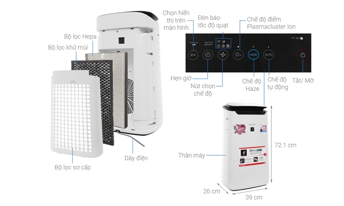 Máy lọc không khí Sharp FP-J60E-W loại bỏ bụi bẩn hiệu quả