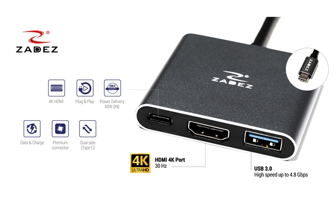 Bộ chuyển đổi Type-C Hub 3 in 1 Zadez ZAH-513 - 3 cổng kết nối 