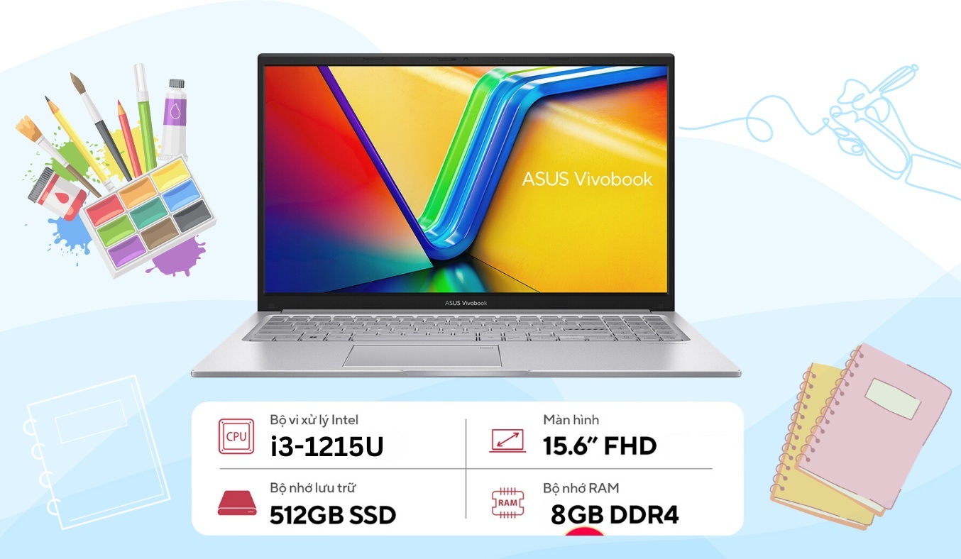 Laptop Asus Vivobook 15 i3-1215U/8GB/512GB/Win11 (X1504ZA-NJ582W) thiết kế mỏng nhẹ