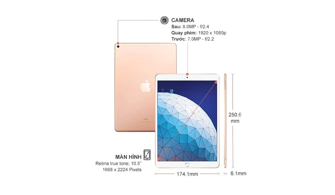 Ipad Air Wifi+Cellular 64GB Gold 10.5 inch (MV0F2ZA/A) Ipad Air sở hữu camera nhiều tính năng nổi trội