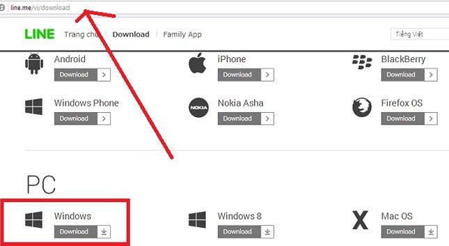 Vào trang chủ Line rồi tải về phiên bản cho PC – Windows.