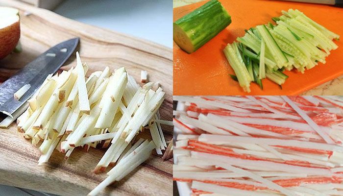 Thái sợi thanh cua, dưa chuột, táo. Để táo không bị thâm, màu sắc tươi đẹp, bạn vắt chút nước cốt chanh lên.