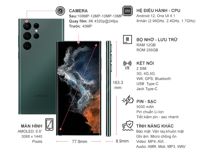 Điện thoại Samsung Galaxy S22 Ultra 5G 256GB Xanh lá