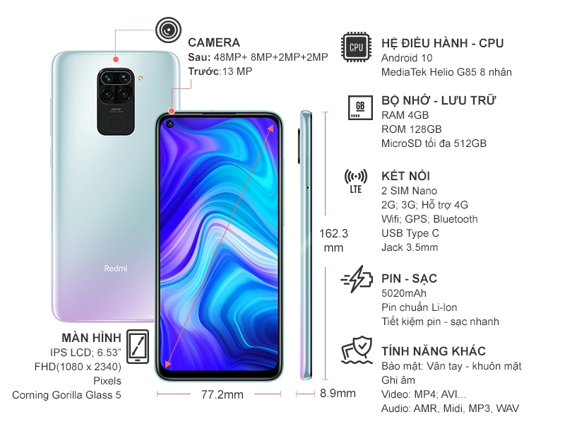 Điện thoại Xiaomi Redmi Note 9 4GB/128GB Trắng