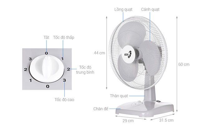 Quạt bàn Asia B16001 Xám có 3 mức tốc độ