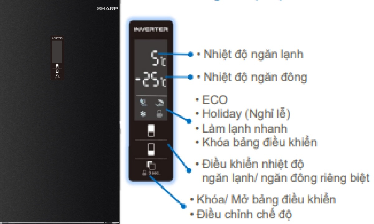 Màn hình LED điều khiển hiện đại, dễ thao tác Tủ lạnh Sharp Inverter 323 lít SJ-BF330V-DG được trang bị màn hình LED cảm ứng bên ngoài giúp quan sát và điều chỉnh cài đặt dễ dàng mà không cần mở cửa tủ. Ngoài ra, tính năng khóa bảng điều khiển giúp đảm bảo an toàn, đặc biệt với gia đình có trẻ nhỏ.