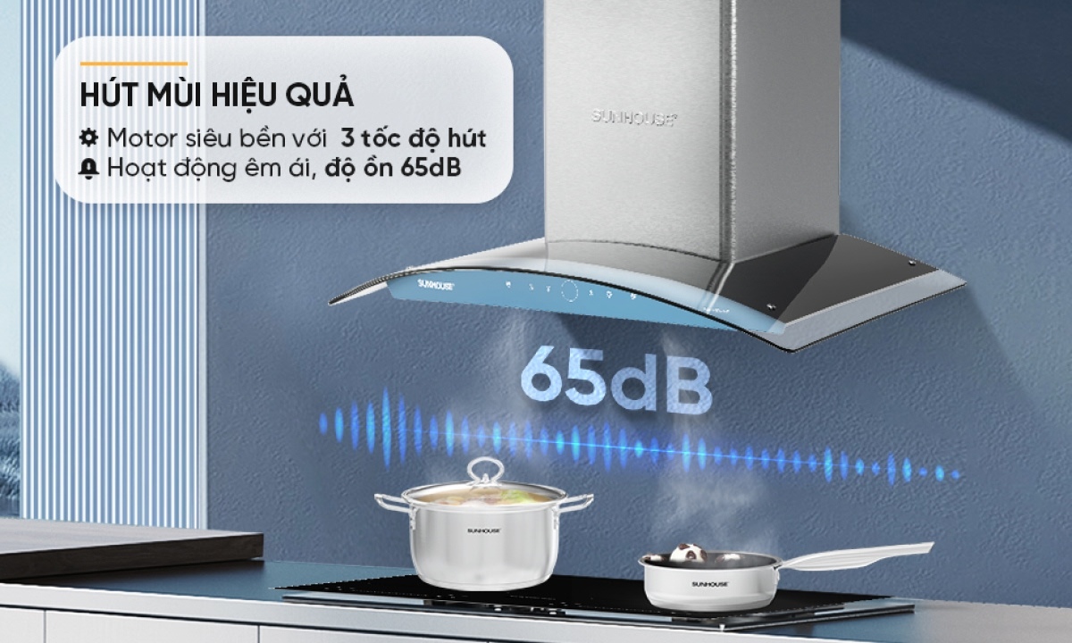 Hiệu suất hút mạnh mẽ – vận hành êm ái Với motor siêu bền và 3 tốc độ hút linh hoạt, máy hút mùi kính cong SUNHOUSE SHB72072-MT dễ dàng loại bỏ nhanh các mùi khó chịu trong quá trình nấu nướng. Độ ồn chỉ 65dB giúp máy vận hành êm ái, không ảnh hưởng đến sinh hoạt gia đình. Bên cạnh đó, công nghệ tiết kiệm điện giúp sử dụng lâu dài mà vẫn tối ưu chi phí.