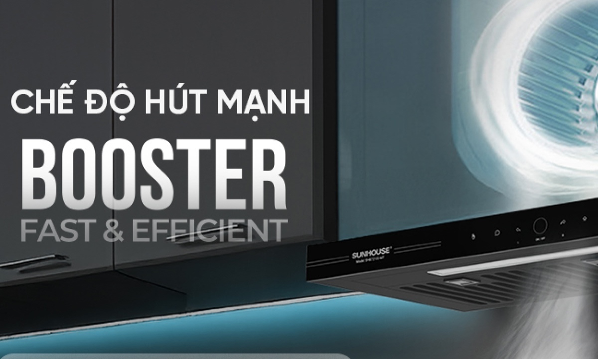 Chế độ Booster mạnh mẽ Máy hút mùi SUNHOUSE SHB72105-MT sở hữu chế độ Booster tăng cường công suất lên đến 1100m³/h, xử lý nhanh chóng mùi dầu mỡ, chiên nướng hay cháy khét chỉ trong vài phút. Nhờ đó, không khí trong bếp luôn sạch sẽ, dễ chịu, không bị ám mùi lên quần áo hay lan sang các không gian khác.