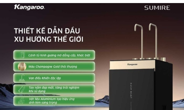 Thiết kế Sumire sang trọng, tinh tế phù hợp mọi không gian Máy lọc nước Kangaroo Sumire KGRP11A202E3 nổi bật với thiết kế Sumire sang trọng, tay nắm Aluminium bền đẹp cùng hiệu ứng ánh kim hiện đại. Sản phẩm không chỉ là thiết bị lọc nước mà còn là điểm nhấn thẩm mỹ, mang đến sự tinh tế cho không gian bếp gia đình.