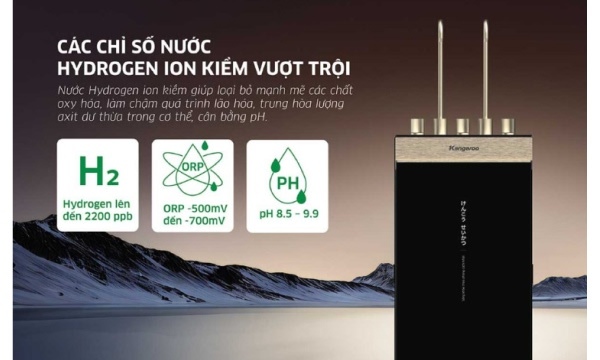 Nguồn nước ion kiềm vượt trội Thiết bị cung cấp nước ion kiềm chất lượng cao, với các chỉ số vượt trội: pH 8.5–9.5, hàm lượng Hydrogen 900–2200 ppb và chỉ số ORP -500 đến -700 mV. Nhờ đó, nước sau lọc không chỉ tinh khiết mà còn giúp tăng cường sức khỏe, hỗ trợ trung hòa axit trong cơ thể.