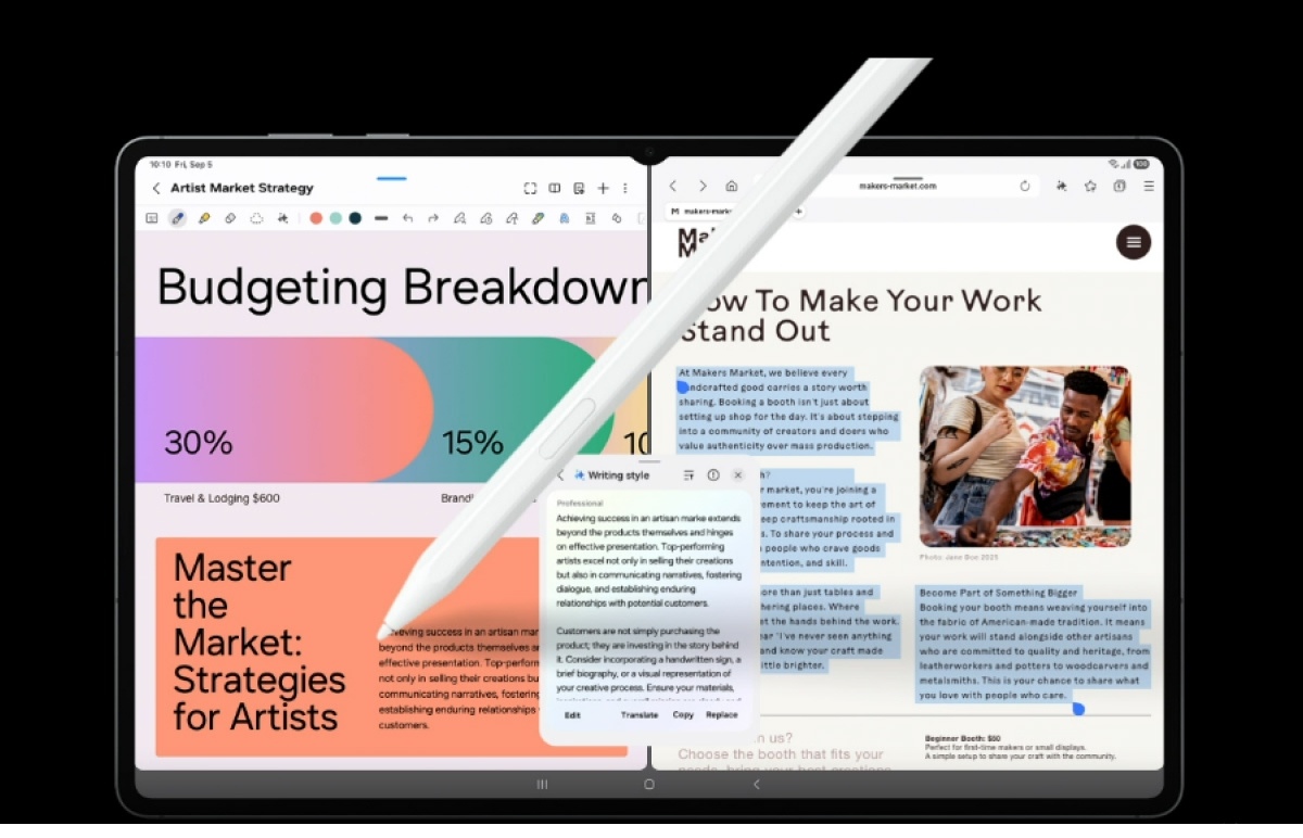 S Pen & DeX – biến tablet thành công cụ sáng tạo & làm việc S Pen phiên bản mới được tích hợp với độ nhạy cao, hỗ trợ điều khiển từ xa và viết vẽ mượt mà. Kết hợp với chế độ Samsung DeX cải tiến, thiết bị có thể chuyển đổi thành màn hình làm việc đa nhiệm như laptop.