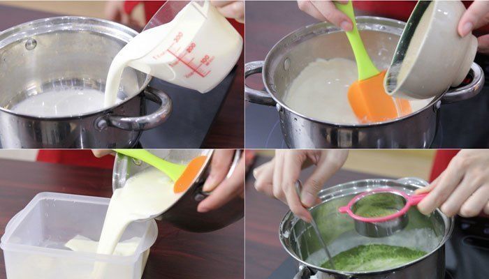 Để tăng thêm mùi vị cho chè khúc bạch bạn có thể cho thêm trà xanh hay ca cao vào nồi nấu trên bếp điện, trước khi đổ khuôn