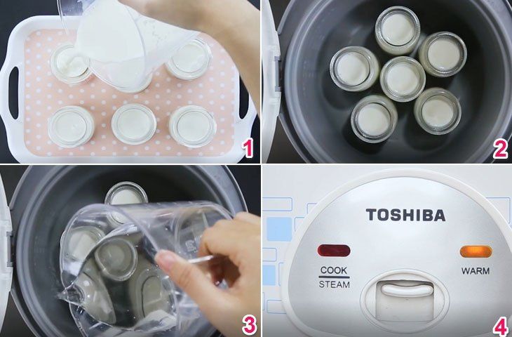 Đổ sữa chua vào hủ và ủ trong nồi cơm điện