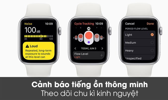 Apple Watch S5 GPS 44mm viền nhôm bạc, dây cao su trắng Cảnh bảo tiếng ồn thông minh