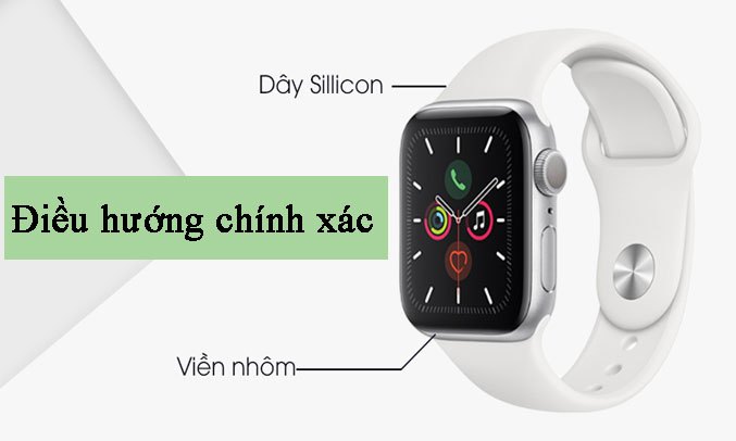 Apple Watch S5 GPS 44mm viền nhôm bạc, dây cao su trắng Điều hướng chính xác