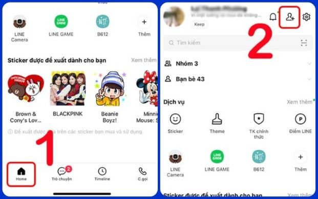 Mở ứng dụng Line, nhấn vào mục "Home" và chọn biểu tượng thêm bạn