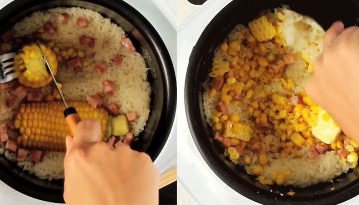 Khi cơm chín, bạn cắt bắp ra