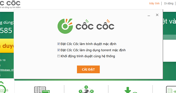 Chọn cài đặt Cốc Cốc về máy tính