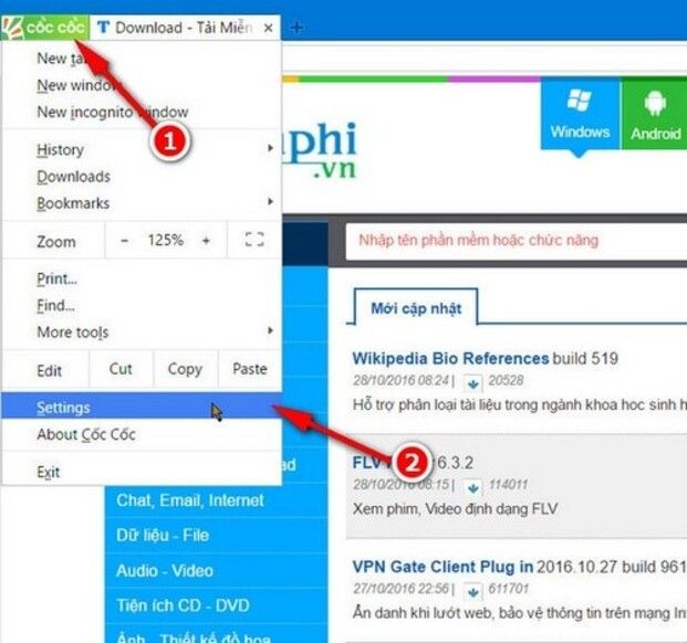 Truy cập vào bảng Setting của Cốc Cốc