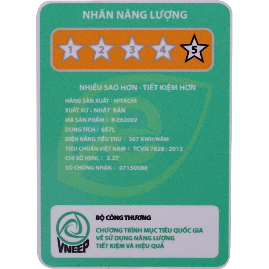Tem năng lượng của Tủ lạnh Hitachi R-E6200V 657 lít trắng