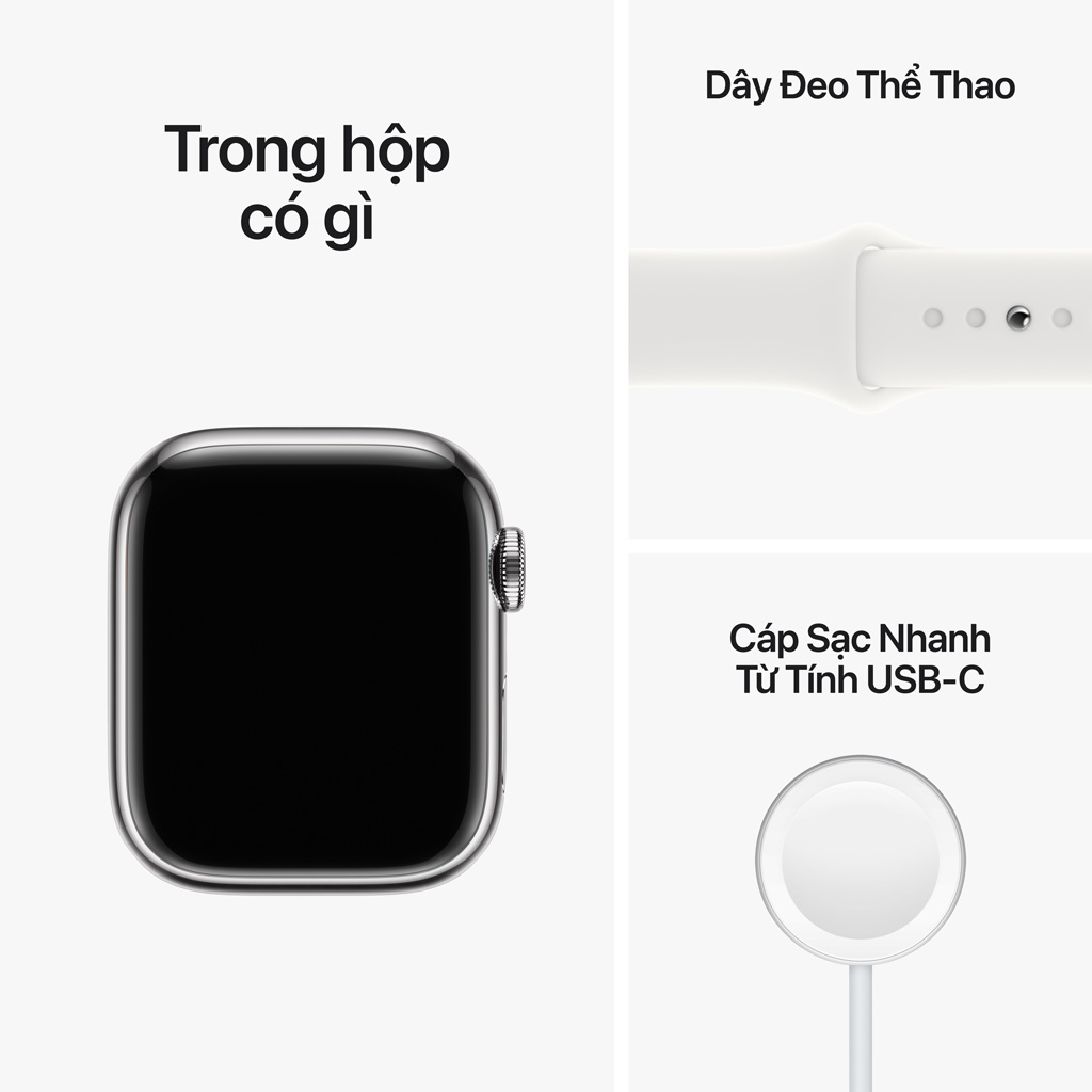 Apple Watch S8 LTE 41mm viền thép Bạc dây silicone Trắng MNJ53VN/A bộ