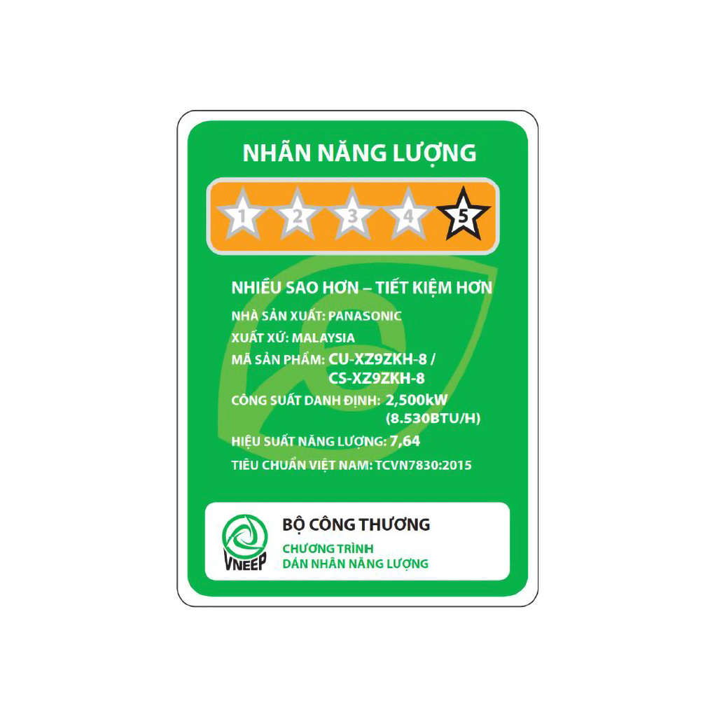 Máy lạnh Panasonic Inverter 1 HP CU/CS-XZ9ZKH-8 tem năng lượng