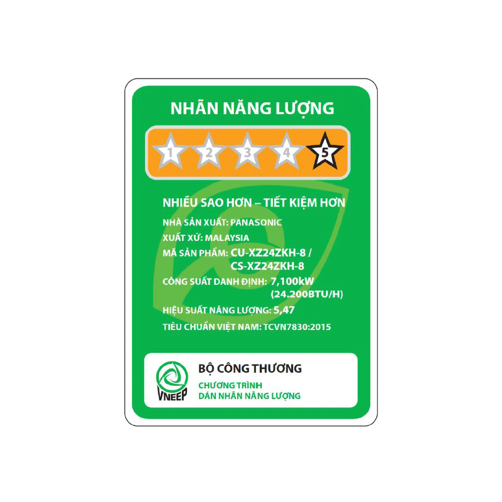 Máy lạnh Panasonic Inverter 2.5 HP CU/CS-XZ24ZKH-8 tem năng lượng