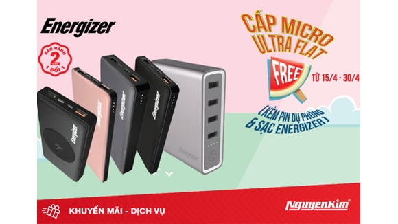 Tặng cáp MicroUSB Ultra Flat khi mua pin, sạc dự phòng Energizer