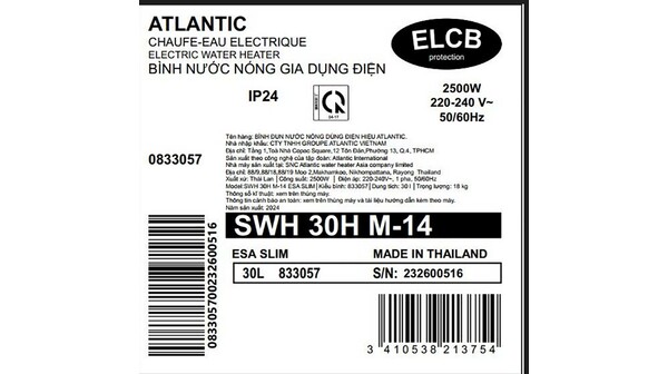 Máy nước nóng gián tiếp Atlantic 30 lít SWH 30H M-14 ESA SLIM 833057