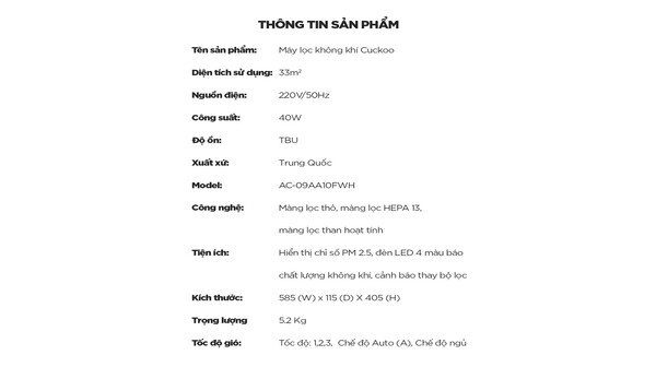 Máy lọc không khí Cuckoo AC-09AA10FWH