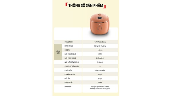 Nồi cơm điện tử mini Tefal 0.72 lít RK535TY0 Cam Đất