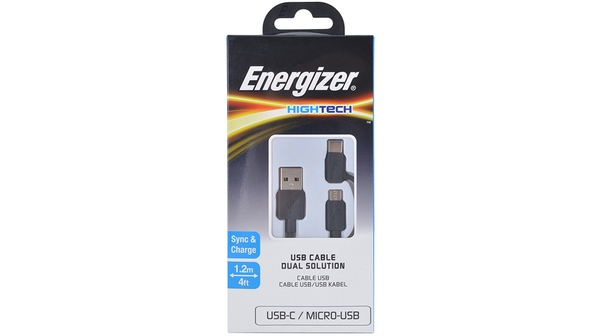 Cáp 2 trong 1 Type-c và Micro-usb Energizer HT 1.2m C11UBX2CFBK4 màu đen,tương thích với mọi thiết bị có cổng kết nối Micro USB/ USB Type