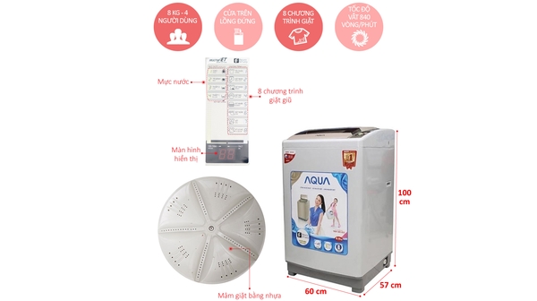 Máy giặt Aqua 8 kg AQW-S80KT được thiết kế khá bắt mắt