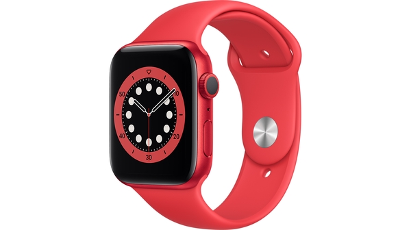 Apple Watch S6 GPS 44mm Vỏ nhôm Dây cao su Đỏ mặt nghiêng trái