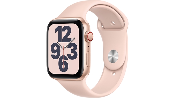 Apple Watch SE LTE 44mm Vỏ nhôm Dây cao su Hồng mặt nghiêng trái