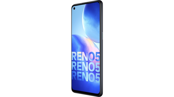 Điện thoại OPPO Reno5 Đen mặt chính diện nghiêng phải