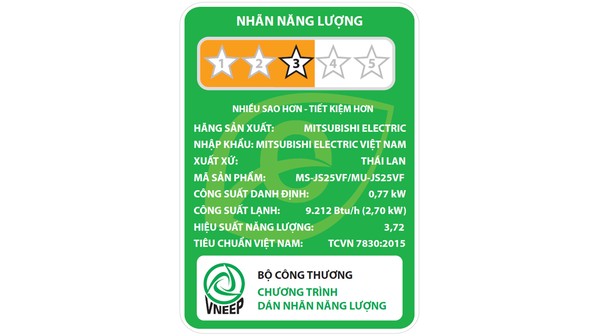 Máy lạnh Mitsubishi Electric 1 HP MS/MU-JS25VF tem năng lượng