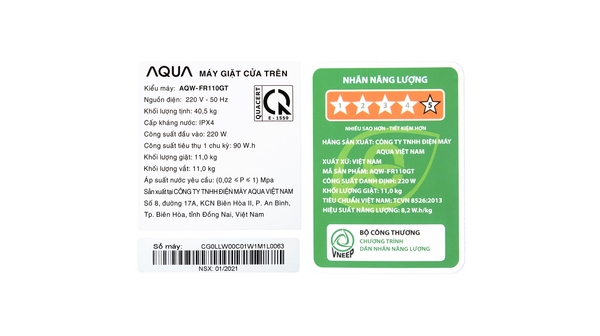 Máy giặt Aqua 11 kg AQW-FR110GT.PS tem năng lượng