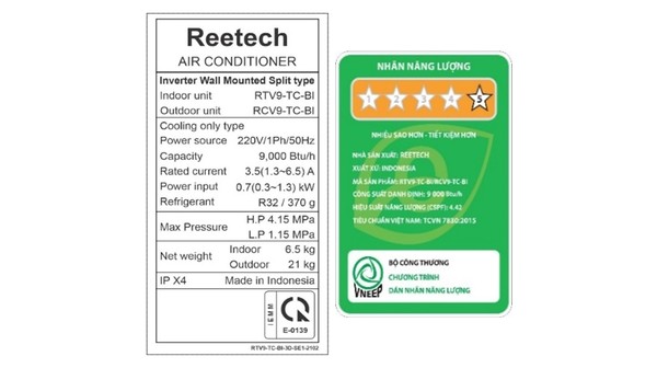 Máy lạnh Reetech Inverter 1 HP RTV9-TC-BI tem năng lượng