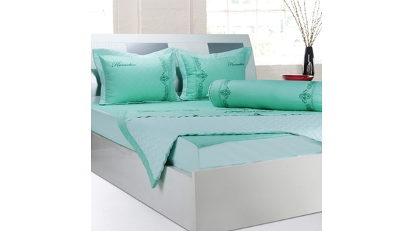 Bộ chăn drap gối Hometex màu xanh hiện đại